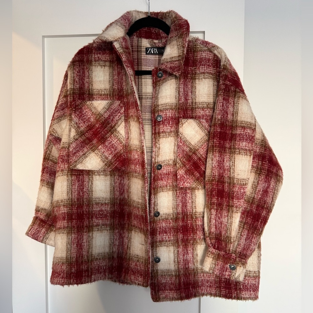 Zara Burgundy and Beige Checkered Jacket